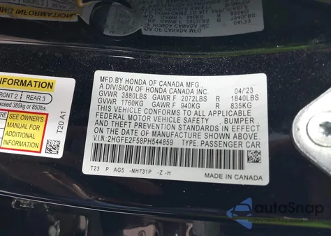 2023 Honda Civic Sport from USA, damaged, VIN 2HGFE2F58PH544859